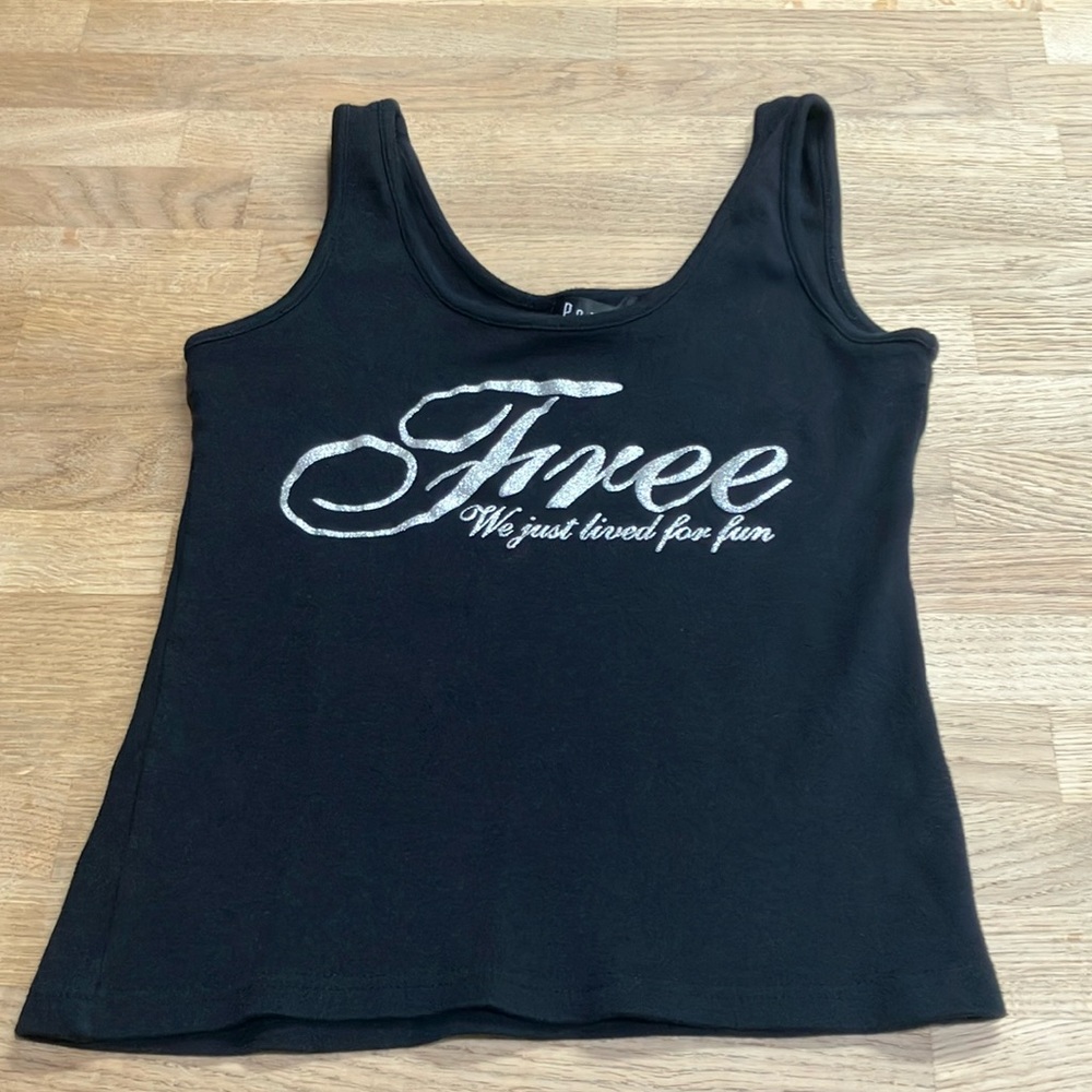 Y2k Black Tank Top 100%cotton with Silver Print size:M juniors